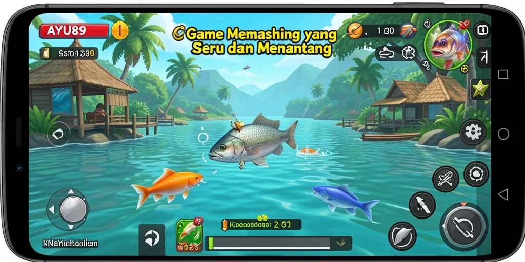 Gameplay AYU89 yang menampilkan momen menangkap ikan.