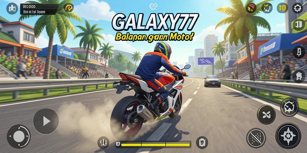 Tangkapan layar gameplay GALAXY77 menampilkan aksi balapan motor yang mendebarkan.