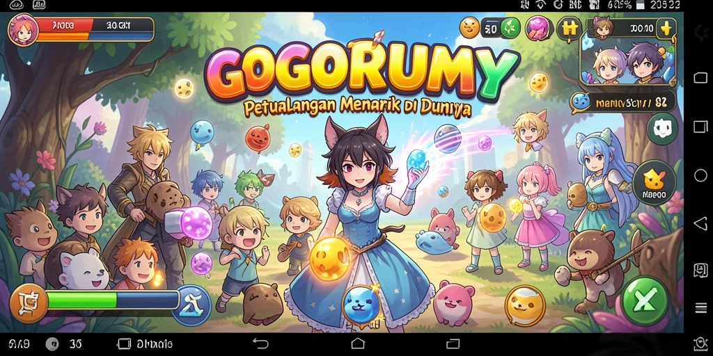 Tampilan gameplay GOGORUMMY dengan karakter anime yang keren.