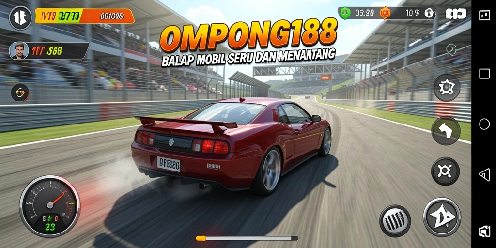 Tampilan gameplay OMPONG188 dengan mobil balap yang cepat dan trek menantang.