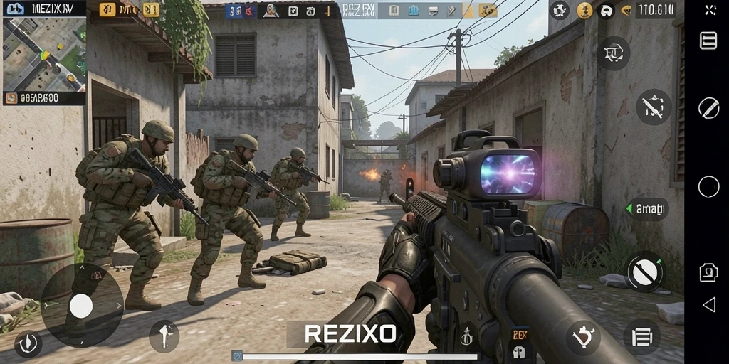 Tampilan gameplay mendebarkan dalam REZIXO menunjukkan aksi tembak-tembakan yang intens.